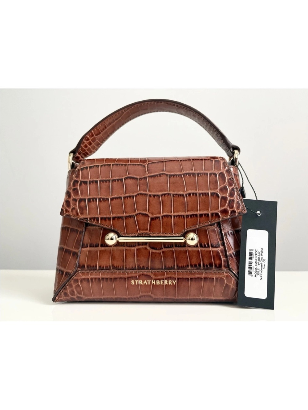 NEW Strathberry Mosaic Nano Brown Croc Embossed Leather Top Handle Crossbody Bag - Picture 4 of 16